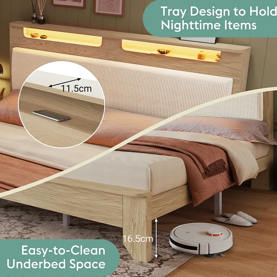 Okwish Lit avec rangement 140x200 cm double, tête de lit LED et banc de rangement, velours côtelé, chêne clair et beige, sans matelas Sale