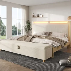 Okwish Lit avec rangement 140x200 cm double, tête de lit LED et banc de rangement, velours côtelé, chêne clair et beige, sans matelas Sale
