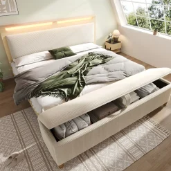 Okwish Lit avec rangement 140x200 cm double, tête de lit LED et banc de rangement, velours côtelé, chêne clair et beige, sans matelas Sale