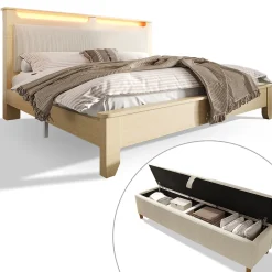 Okwish Lit avec rangement 140x200 cm double, tête de lit LED et banc de rangement, velours côtelé, chêne clair et beige, sans matelas Sale