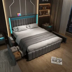 Okwish Lit avec rangement 140x200 cm double capitonné avec ports USB-C et LED, 4 tiroirs intégrés, tissu lin gris, sans matelas