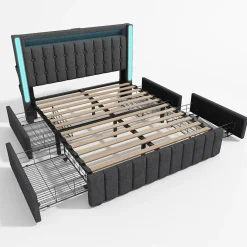 Okwish Lit avec rangement 140x200 cm double capitonné avec ports USB-C et LED, 4 tiroirs intégrés, tissu lin gris, sans matelas
