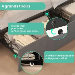 Okwish Lit avec rangement 140x200 cm double capitonné avec ports USB-C et LED, 4 tiroirs intégrés, tissu lin gris, sans matelas