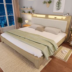 Okwish Lit avec rangement 180x200 cm double, éclairage LED intégré, bois chêne clair, design fonctionnel et moderne, sans matelas