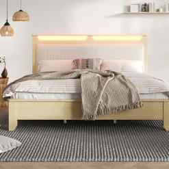Okwish Lit avec rangement 180x200 cm double, éclairage LED intégré, bois chêne clair, design fonctionnel et moderne, sans matelas