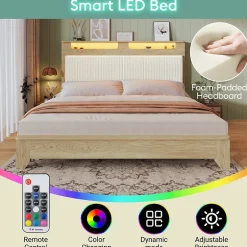 Okwish Lit avec rangement 180x200 cm double, éclairage LED intégré, bois chêne clair, design fonctionnel et moderne, sans matelas