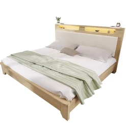 Okwish Lit avec rangement 180x200 cm double, éclairage LED intégré, bois chêne clair, design fonctionnel et moderne, sans matelas