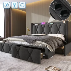 Generique Lit avec rangement 140x200 cm double capitonné avec ports USB et 4 tiroirs, structure lin et bois, gris, sans matelas Outlet