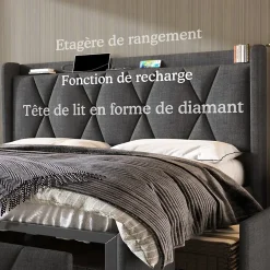 Generique Lit avec rangement 140x200 cm double capitonné avec ports USB et 4 tiroirs, structure lin et bois, gris, sans matelas Outlet