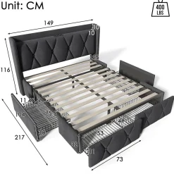 Generique Lit avec rangement 140x200 cm double capitonné avec ports USB et 4 tiroirs, structure lin et bois, gris, sans matelas Outlet