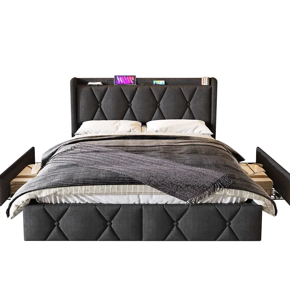 Generique Lit avec rangement 140x200 cm double capitonné avec ports USB et 4 tiroirs, structure lin et bois, gris, sans matelas Outlet