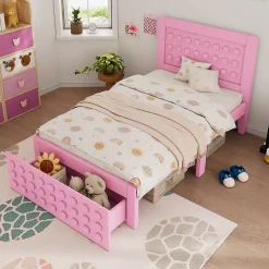 Okwish Lit avec rangement 90x200 cm, lit simple design créatif avec tiroirs intégrés, structure MDF et bois massif, rose sans matelas