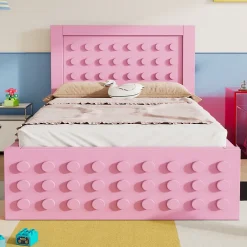 Okwish Lit avec rangement 90x200 cm, lit simple design créatif avec tiroirs intégrés, structure MDF et bois massif, rose sans matelas