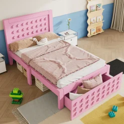 Okwish Lit avec rangement 90x200 cm, lit simple design créatif avec tiroirs intégrés, structure MDF et bois massif, rose sans matelas
