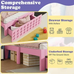 Okwish Lit avec rangement 90x200 cm, lit simple design créatif avec tiroirs intégrés, structure MDF et bois massif, rose sans matelas