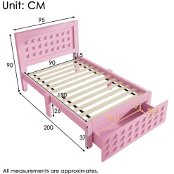 Okwish Lit avec rangement 90x190 cm, lit simple avec tiroirs pratiques et sommier inclus, MDF et bois massif, rose sans matelas