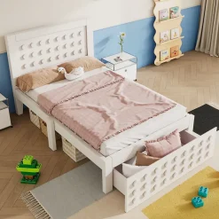 Okwish Lit avec rangement 90x190 cm, lit simple design créatif avec tiroirs et sommier inclus, MDF et bois massif, blanc sans matelas New