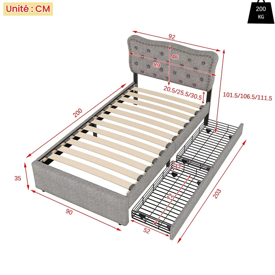 Okwish Lit avec rangement 90x200 cm simple capitonné avec 2 tiroirs et tête de lit ondulée cloutée - revêtement en lin gris Best