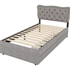 Okwish Lit avec rangement 90x200 cm simple capitonné avec 2 tiroirs et tête de lit ondulée cloutée - revêtement en lin gris Best