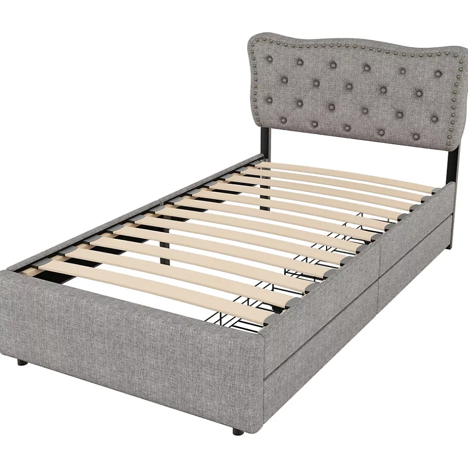 Okwish Lit avec rangement 90x200 cm simple capitonné avec 2 tiroirs et tête de lit ondulée cloutée - revêtement en lin gris Best