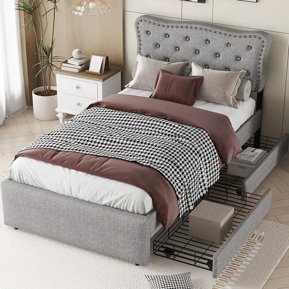 Okwish Lit avec rangement 90x200 cm simple capitonné avec 2 tiroirs et tête de lit ondulée cloutée - revêtement en lin gris Best