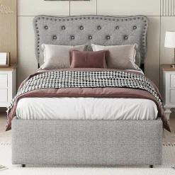 Okwish Lit avec rangement 90x200 cm simple capitonné avec 2 tiroirs et tête de lit ondulée cloutée - revêtement en lin gris Best