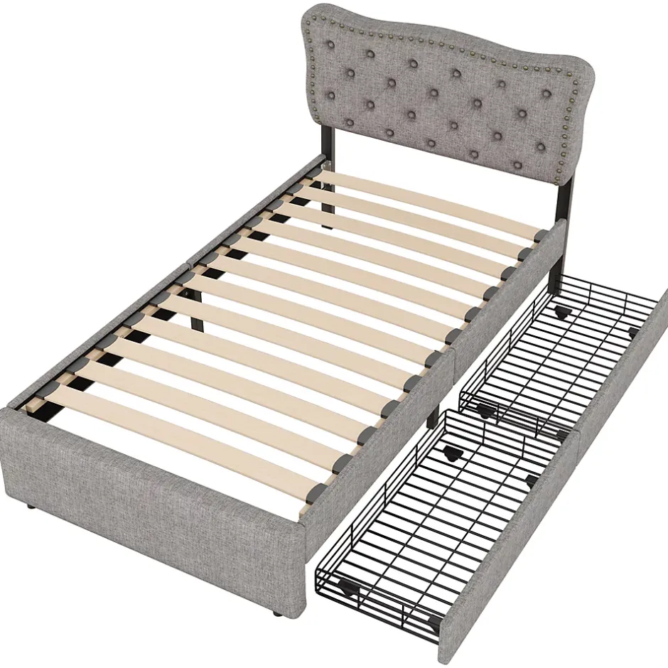 Okwish Lit avec rangement 90x200 cm simple capitonné avec 2 tiroirs et tête de lit ondulée cloutée - revêtement en lin gris Best