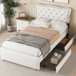 Okwish Lit avec rangement 90x200 cm simple capitonné avec 2 tiroirs et tête de lit ondulée cloutée - revêtement en lin beige clair