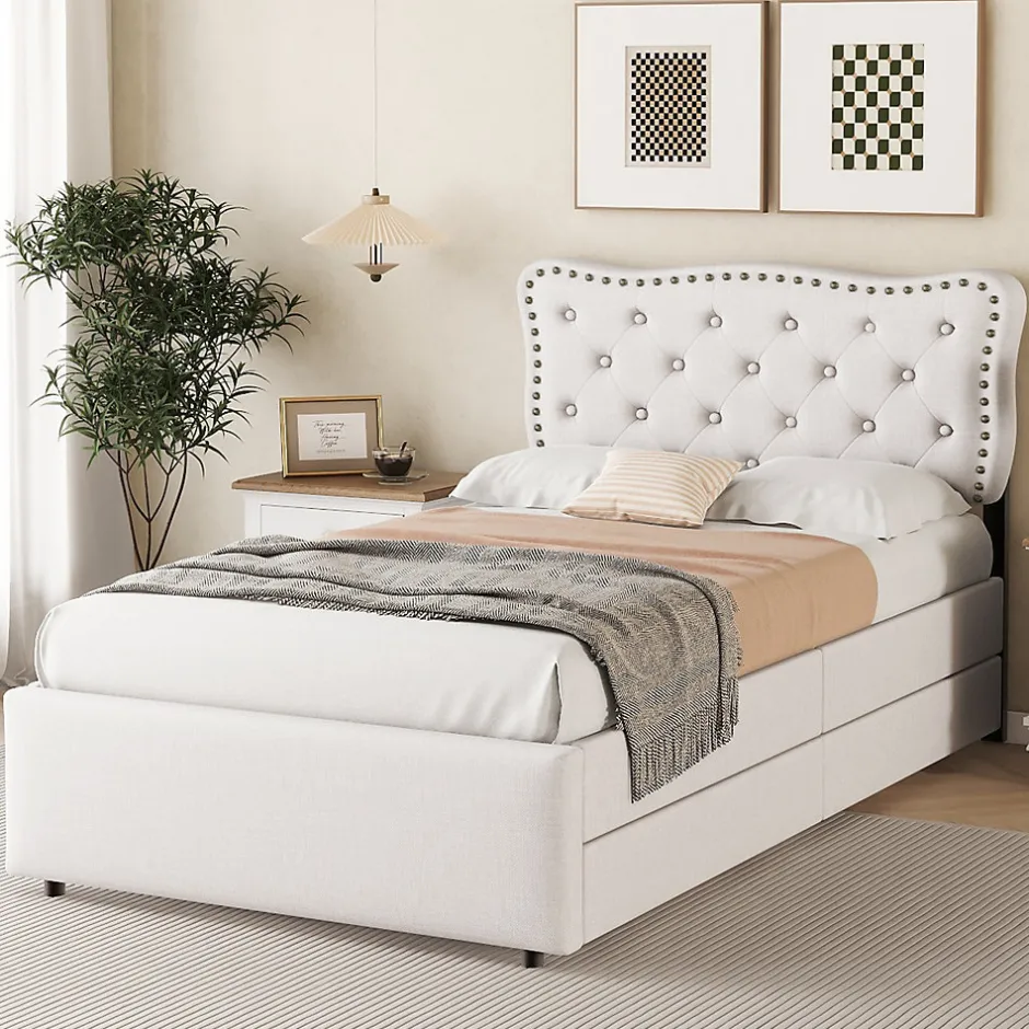 Okwish Lit avec rangement 90x200 cm simple capitonné avec 2 tiroirs et tête de lit ondulée cloutée - revêtement en lin beige clair