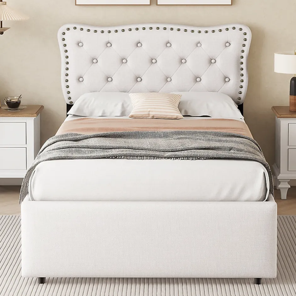 Okwish Lit avec rangement 90x200 cm simple capitonné avec 2 tiroirs et tête de lit ondulée cloutée - revêtement en lin beige clair