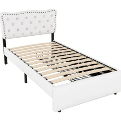 Okwish Lit avec rangement 90x200 cm simple capitonné avec 2 tiroirs et tête de lit ondulée cloutée - revêtement en lin beige clair