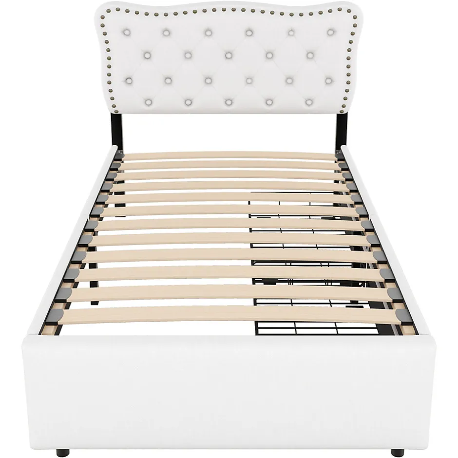 Okwish Lit avec rangement 90x200 cm simple capitonné avec 2 tiroirs et tête de lit ondulée cloutée - revêtement en lin beige clair