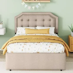 Okwish Lit avec rangement 90x200 cm simple capitonné avec 2 tiroirs et tête de lit courbée cloutée - revêtement en lin beige foncé Sale
