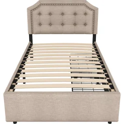Okwish Lit avec rangement 90x200 cm simple capitonné avec 2 tiroirs et tête de lit courbée cloutée - revêtement en lin beige foncé Sale