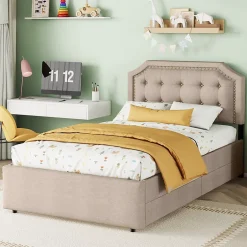 Okwish Lit avec rangement 90x200 cm simple capitonné avec 2 tiroirs et tête de lit courbée cloutée - revêtement en lin beige foncé Sale