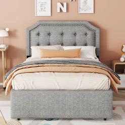 Okwish Lit avec rangement 90x200 cm simple capitonné avec 2 tiroirs et tête de lit courbée cloutée - revêtement en lin gris