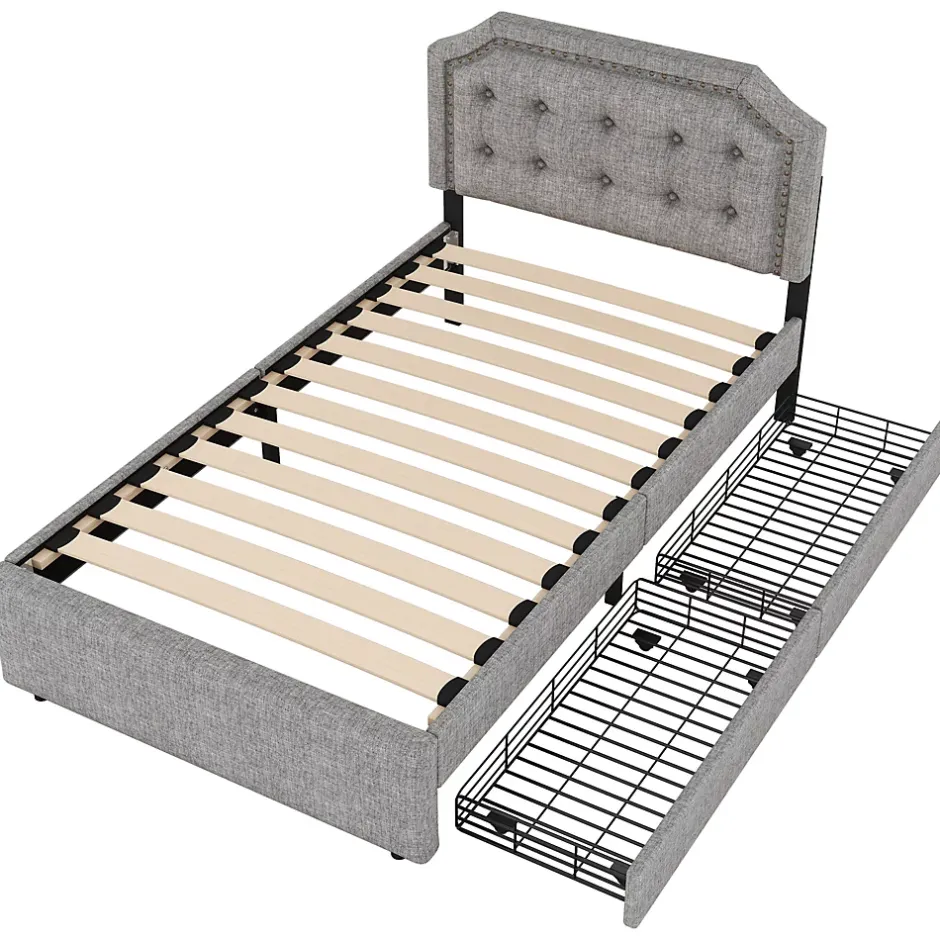 Okwish Lit avec rangement 90x200 cm simple capitonné avec 2 tiroirs et tête de lit courbée cloutée - revêtement en lin gris