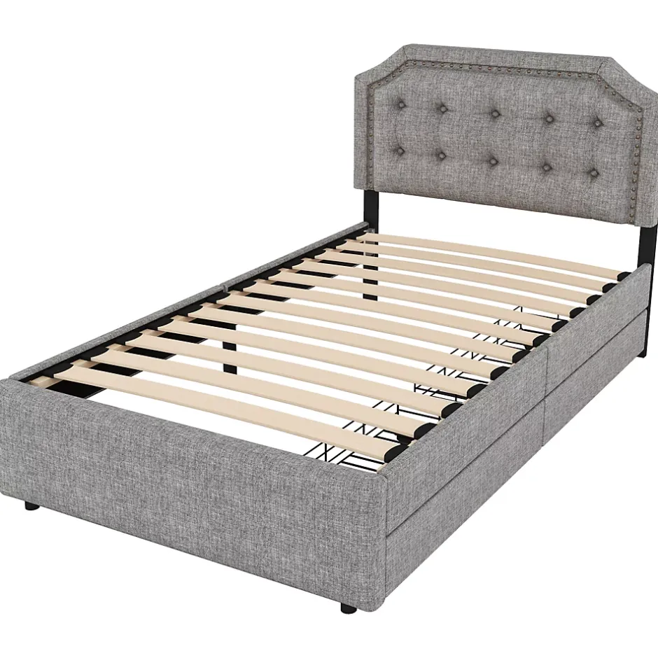 Okwish Lit avec rangement 90x200 cm simple capitonné avec 2 tiroirs et tête de lit courbée cloutée - revêtement en lin gris
