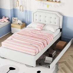 Okwish Lit avec rangement 90x200 cm simple capitonné avec 2 tiroirs et tête de lit courbée cloutée - revêtement en lin beige foncé