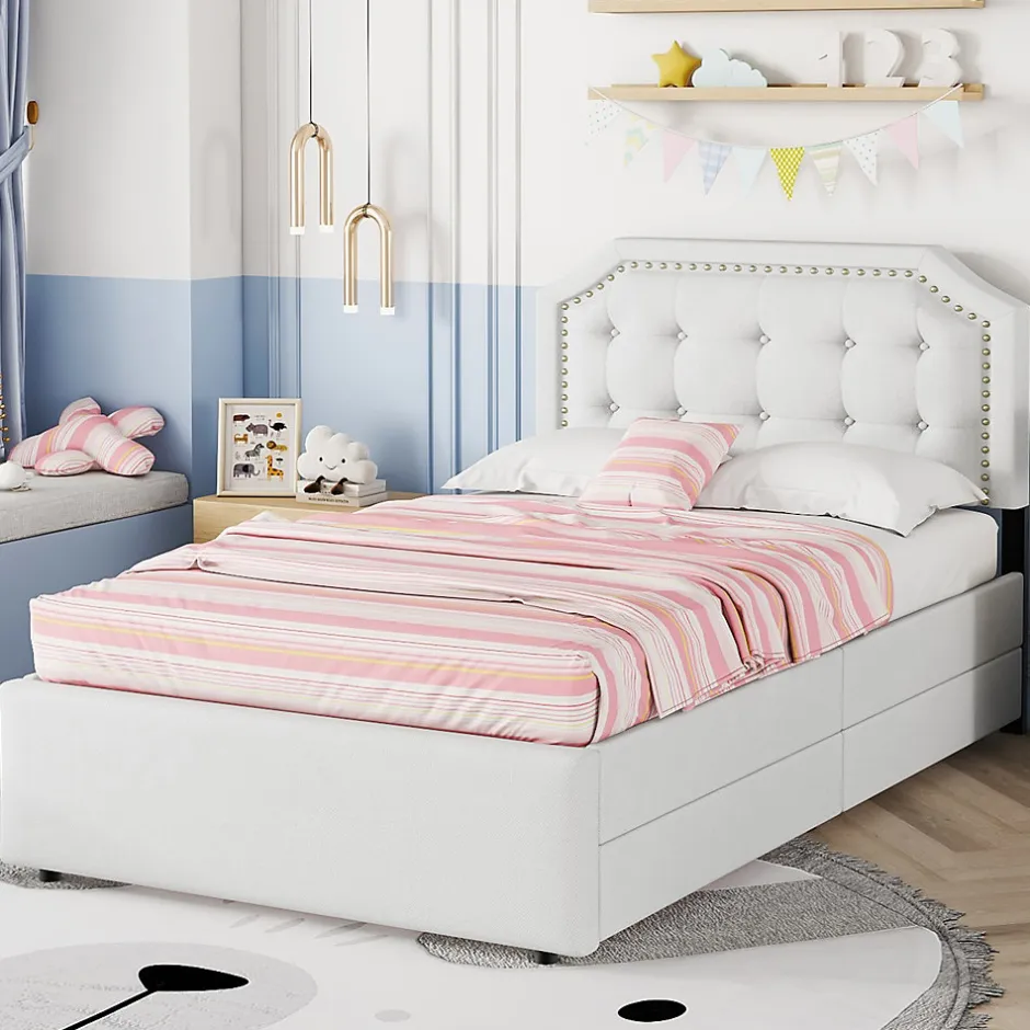 Okwish Lit avec rangement 90x200 cm simple capitonné avec 2 tiroirs et tête de lit courbée cloutée - revêtement en lin beige foncé
