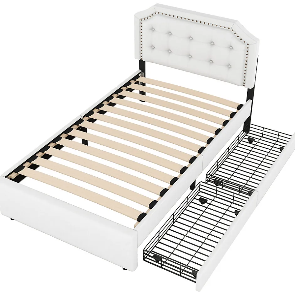 Okwish Lit avec rangement 90x200 cm simple capitonné avec 2 tiroirs et tête de lit courbée cloutée - revêtement en lin beige foncé
