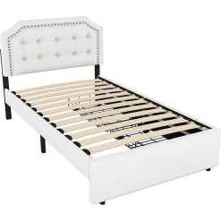 Okwish Lit avec rangement 90x200 cm simple capitonné avec 2 tiroirs et tête de lit courbée cloutée - revêtement en lin beige foncé