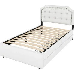 Okwish Lit avec rangement 90x200 cm simple capitonné avec 2 tiroirs et tête de lit courbée cloutée - revêtement en lin beige foncé