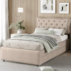 Okwish Lit avec rangement 90x200 cm simple capitonné avec 2 tiroirs et tête de lit ondulée cloutée - revêtement en lin beige foncé