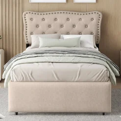 Okwish Lit avec rangement 90x200 cm simple capitonné avec 2 tiroirs et tête de lit ondulée cloutée - revêtement en lin beige foncé