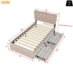 Okwish Lit avec rangement 90x200 cm simple capitonné avec 2 tiroirs et tête de lit ondulée cloutée - revêtement en lin beige foncé