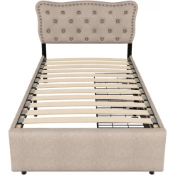 Okwish Lit avec rangement 90x200 cm simple capitonné avec 2 tiroirs et tête de lit ondulée cloutée - revêtement en lin beige foncé