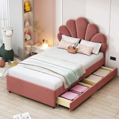 Okwish Lit avec rangement 90x200 cm simple enfant fille capitonné avec 2 ablagefächer et lattenrost, velours+bois rose, sans matelas