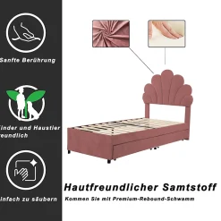 Okwish Lit avec rangement 90x200 cm simple enfant fille capitonné avec 2 ablagefächer et lattenrost, velours+bois rose, sans matelas