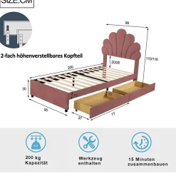 Okwish Lit avec rangement 90x200 cm simple enfant fille capitonné avec 2 ablagefächer et lattenrost, velours+bois rose, sans matelas